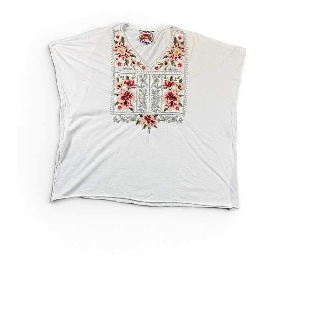 Johnny Was White Floral Embroidered Poncho Blouse Tunic Top Size Small